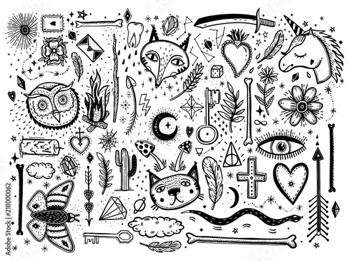 Sketch graphic illustration with mystic and occult hand drawn symbols big set. Vector holiday illustration for Day of the dead or Halloween. Astrological and esoteric concept. Old Fashion Tattoos.