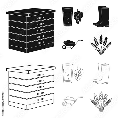 Hive, grapes, boots, wheelbarrow.Farm set collection icons in black,outline style vector symbol stock illustration web.
