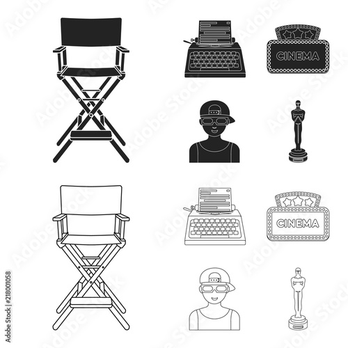 Chair of the director, typewriter, cinematographic signboard, film-man. Films and cinema set collection icons in black,outline style vector symbol stock illustration web.