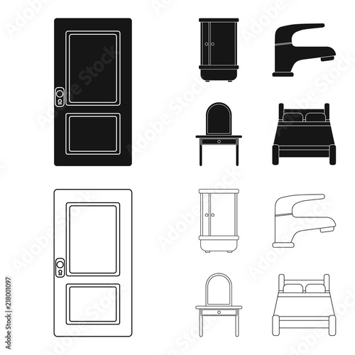 Door, shower cubicle, mirror with drawers, faucet.Furniture set collection icons in black,outline style vector symbol stock illustration web.