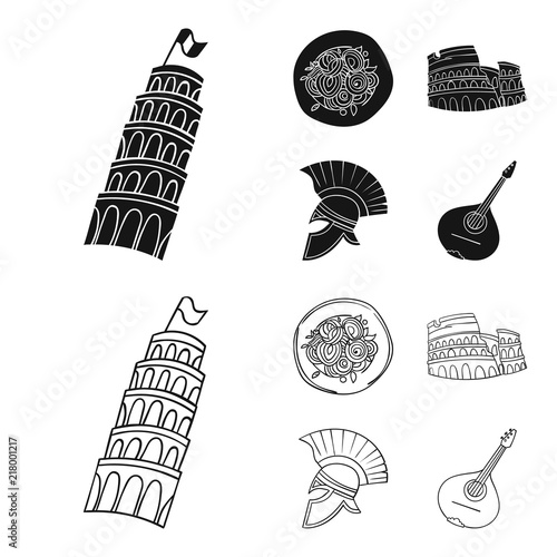 Pisa tower, pasta, coliseum, Legionnaire helmet.Italy country set collection icons in black,outline style vector symbol stock illustration web.
