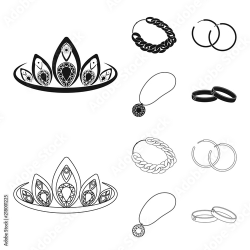 Tiara, gold chain, earrings, pendant with a stone. Jewelery and accessories set collection icons in black,outline style vector symbol stock illustration web.