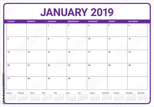 January 2019 desk calendar vector illustration