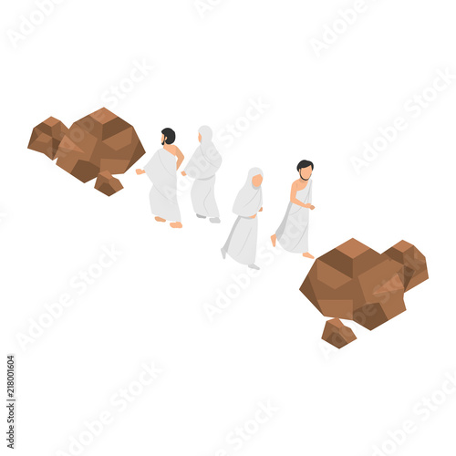 Sa'i Meaning ritual of walking between the two small hills of Safa and Marwah, Vector Isometric Illustration