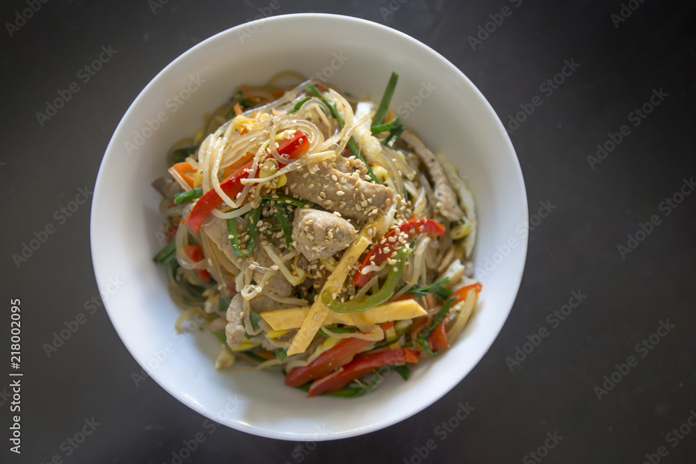 Stir fried Korean glass noodle with soy sauce called Japchae Stock