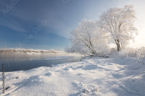 Sunny Frosty Winter Morning. A Realistic Winter Belarusian Landscape With Blue Sky, Trees Covered With Thick Frost, A Small River And A Village On The Opposite Shore. Footprints In The Snow.