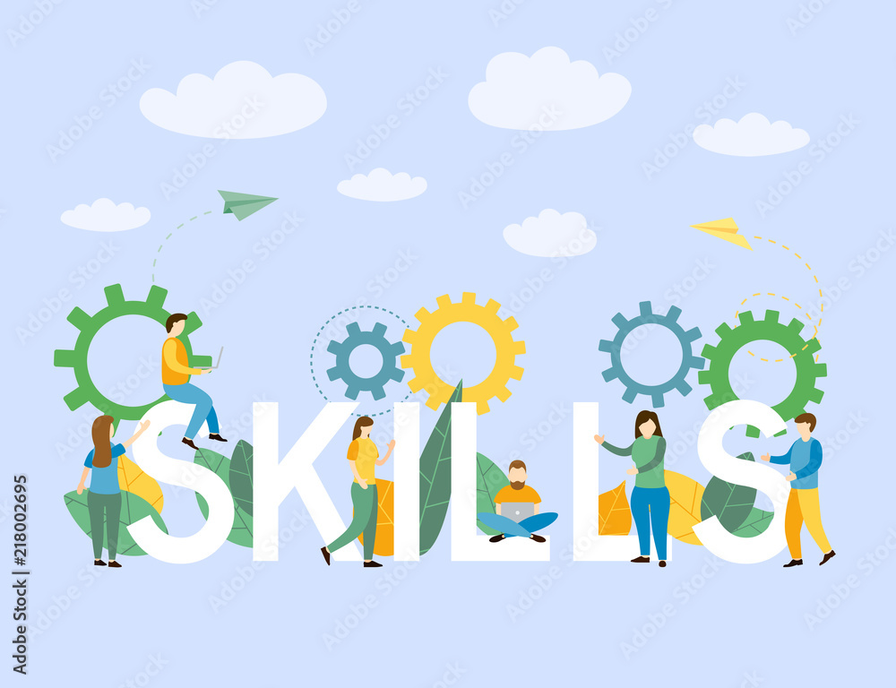 Skills of Business and people standing near letter Skills of Business and people standing near letter