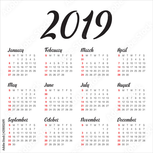 Year 2019 calendar vector design template