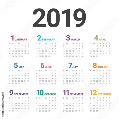 Year 2019 calendar vector design template