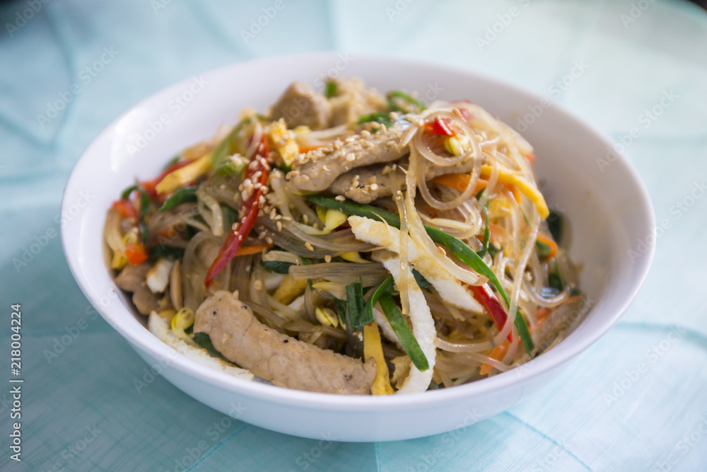 Stir fried Korean glass noodle with soy sauce called Japchae