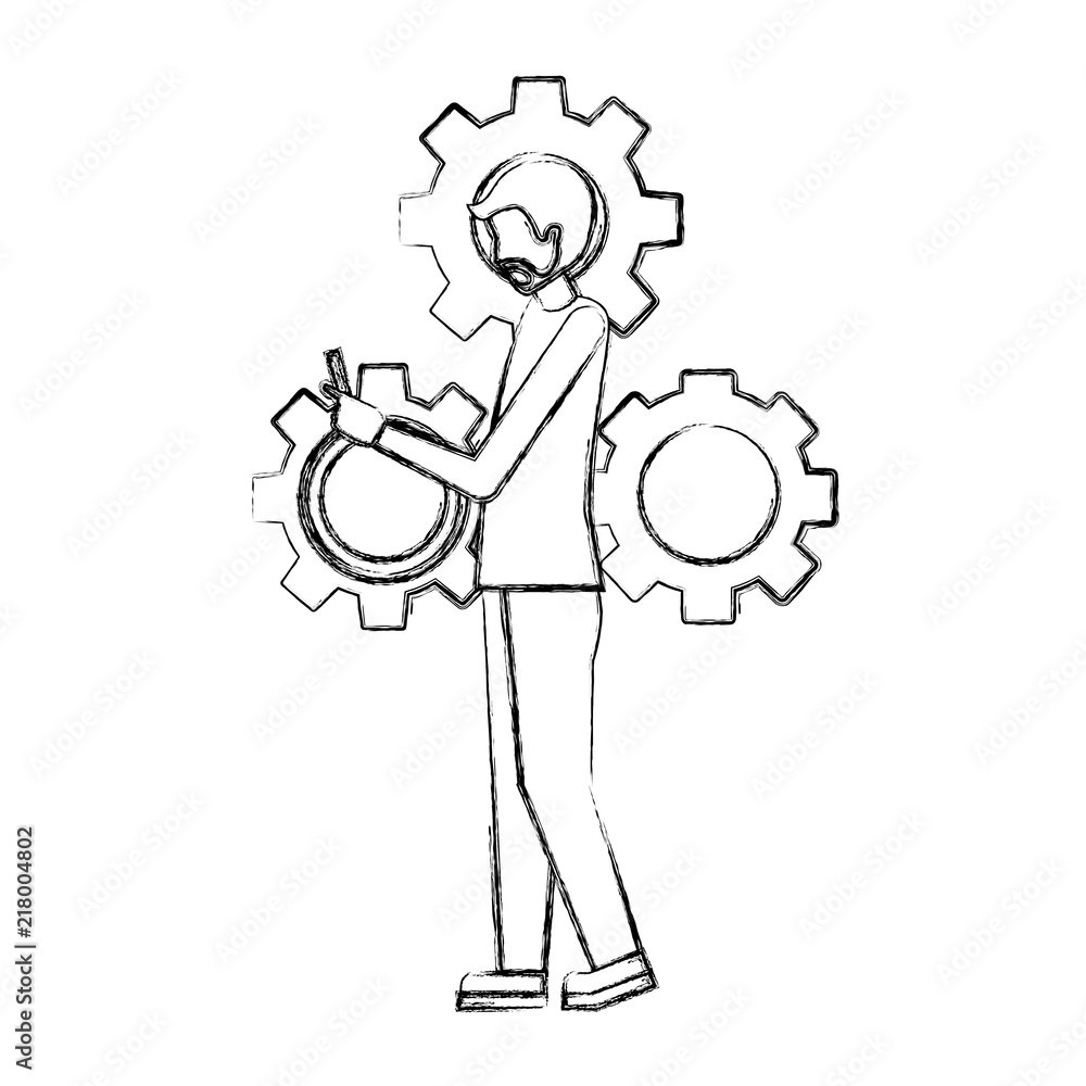 businessman using smartphone and gears work hand drawing businessman using smartphone and gears work hand drawing