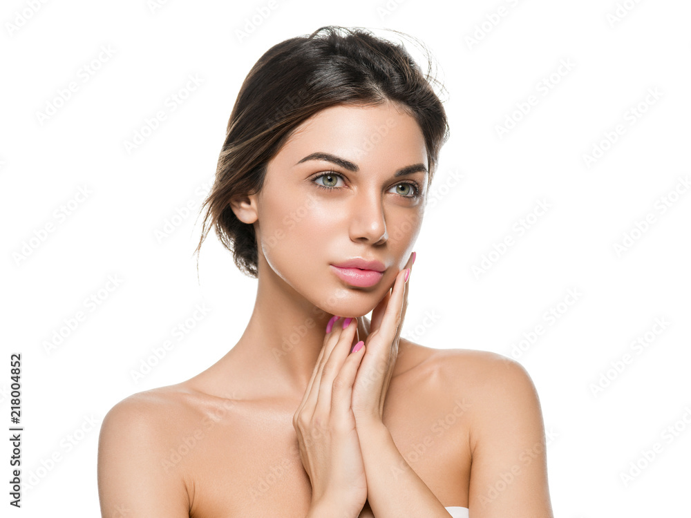 Beauty skin care healthy hair and soft skin woman natural makeup isolated on white Beauty skin care healthy hair and soft skin woman natural makeup isolated on white