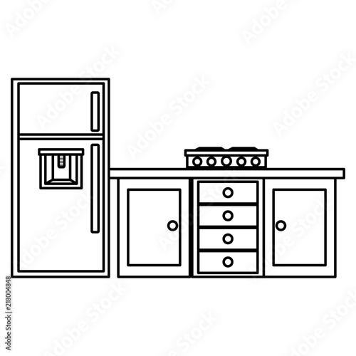 kitchen drawer wooden with stove and fridge