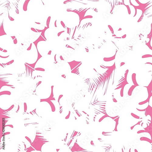 Seamless pattern with tropical palm leaves on pink background. Lightweight two-tone design. Summer vector design.