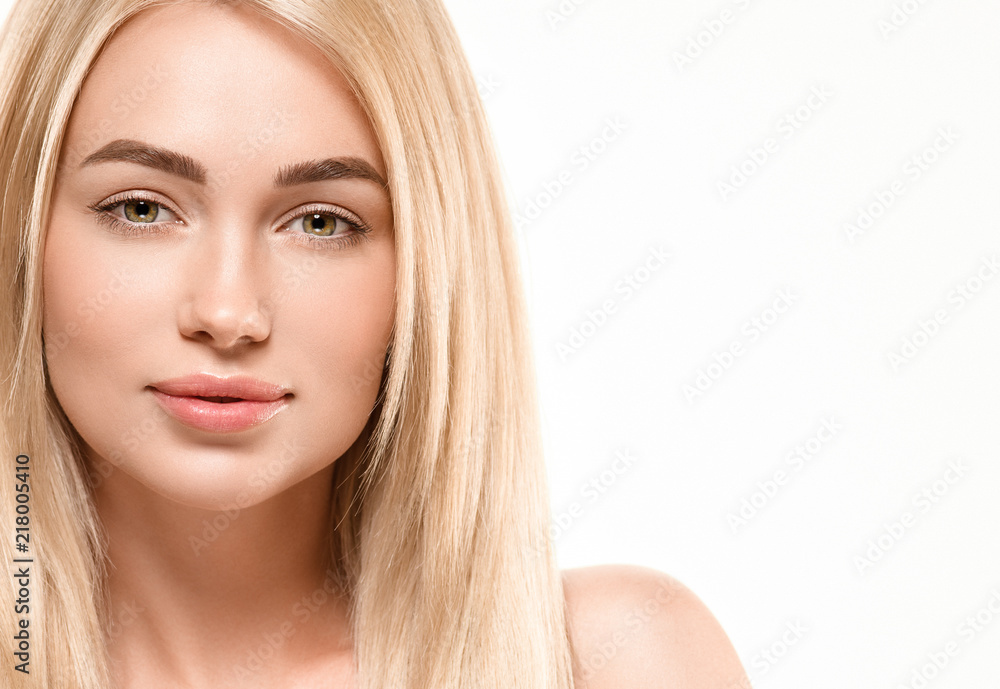 healthy skin and hair blonde beautiful woman with beauty makeup isolated on white healthy skin and hair blonde beautiful woman with beauty makeup isolated on white