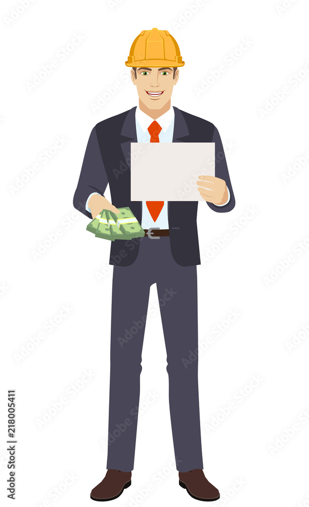 Businessman in construction helmet with money showing the paper Businessman in construction helmet with money showing the paper