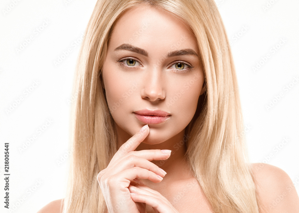 healthy skin and hair blonde beautiful woman with beauty makeup isolated on white