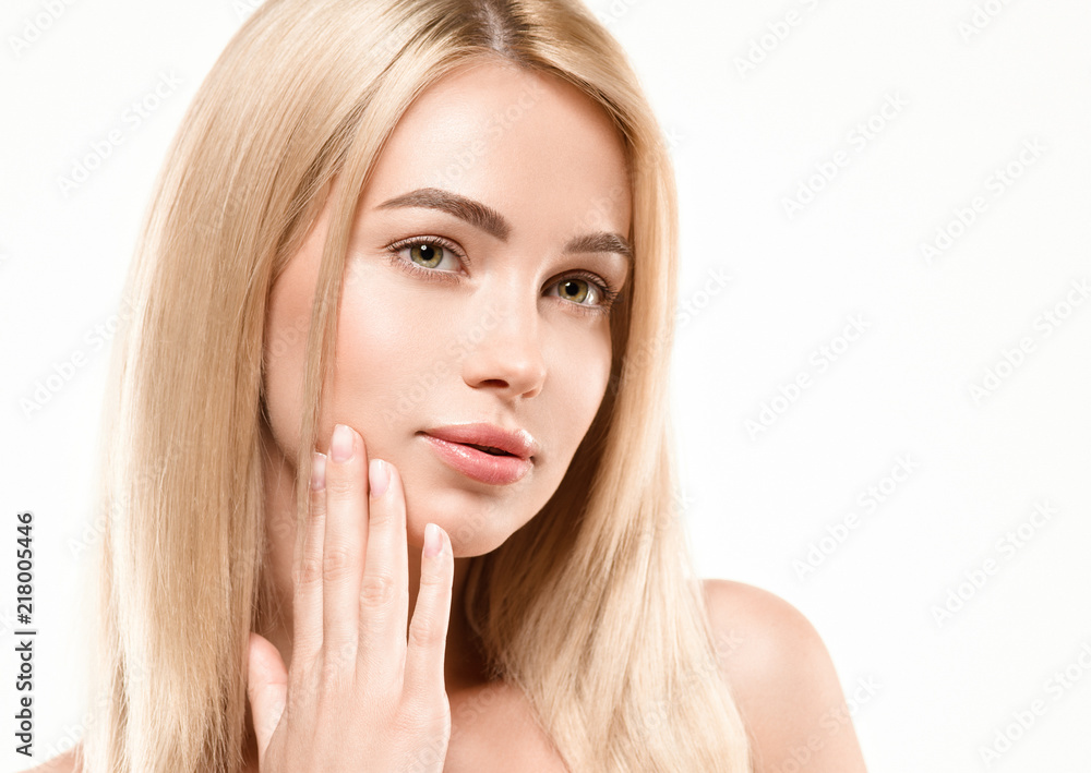 healthy skin and hair blonde beautiful woman with beauty makeup isolated on white healthy skin and hair blonde beautiful woman with beauty makeup isolated on white