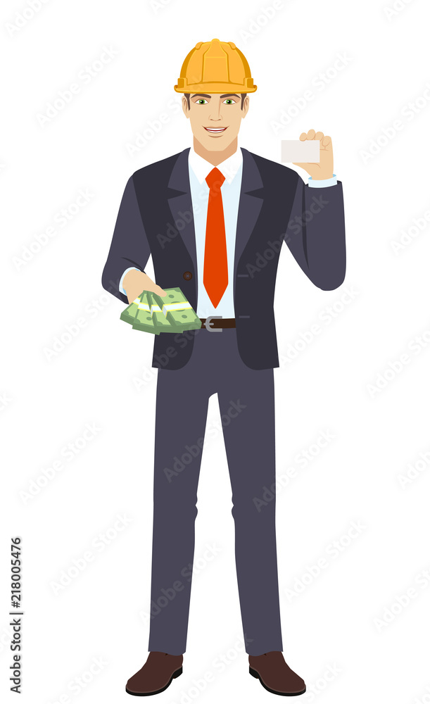 Businessman in construction helmet with money showing the business card Businessman in construction helmet with money showing the business card