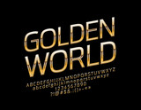 Vector Glossy Sign Golden World. Chic Rotated Alphabet Letters, Numbers and Symbols