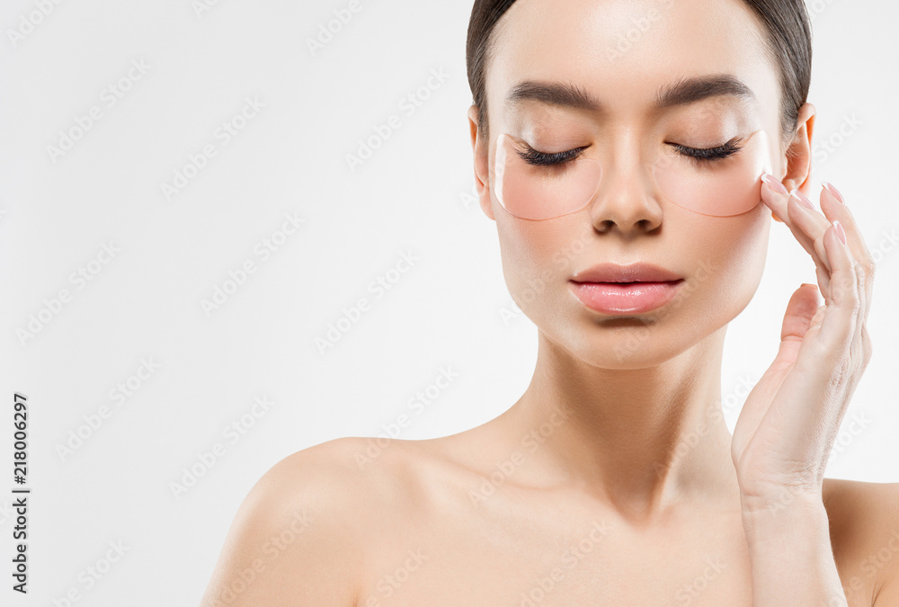 Eyes mask woman face closeup patch for eyes skin beauty healthy cosmetology isolated on white Eyes mask woman face closeup patch for eyes skin beauty healthy cosmetology isolated on white