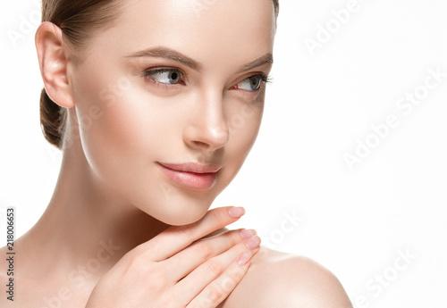 Woman beautifl face closeup with healthy skin and beauty lips and eyes