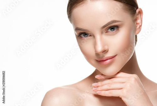 Woman beautifl face closeup with healthy skin and beauty lips and eyes photo