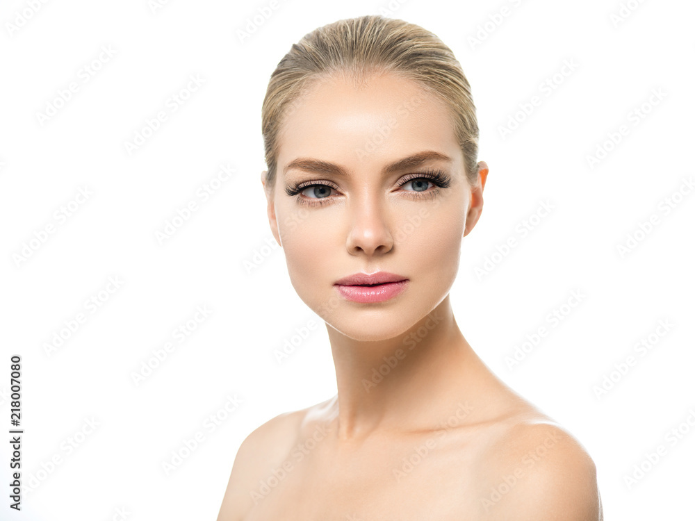 Beautiful blonde woman with healthy skin and fresh natural makeup isolated on white Beautiful blonde woman with healthy skin and fresh natural makeup isolated on white