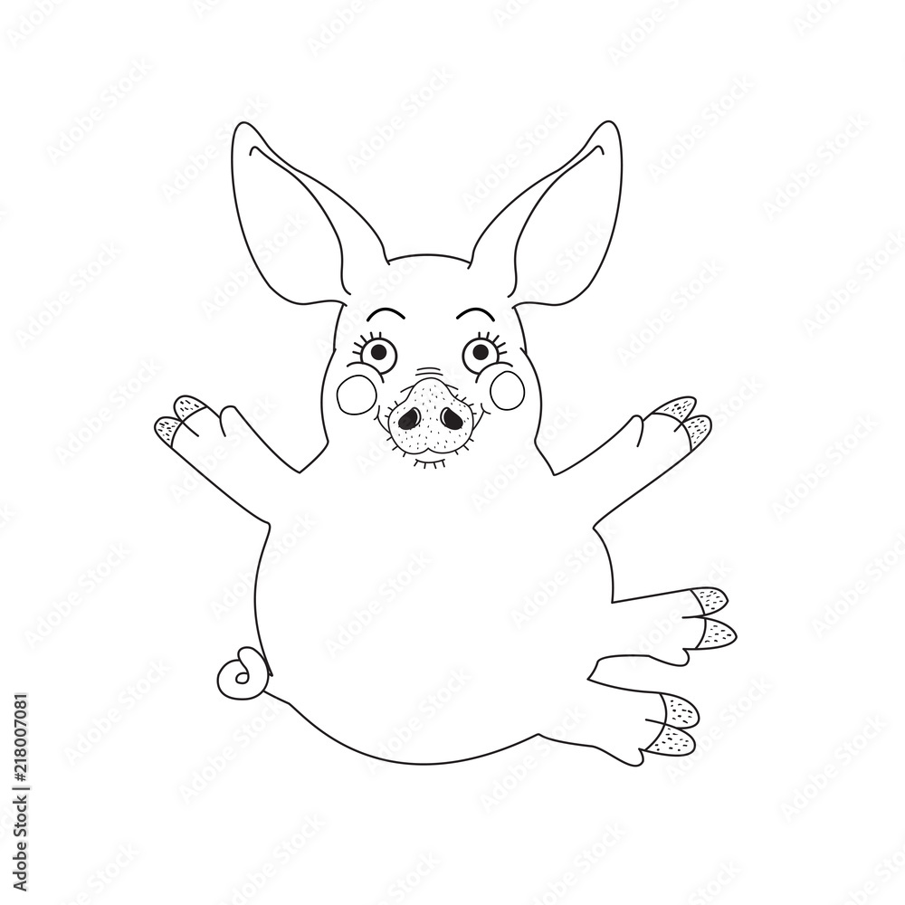 Black and white cute pink piggy with hug gesture isolated on white background. Sign of 2019 new year.