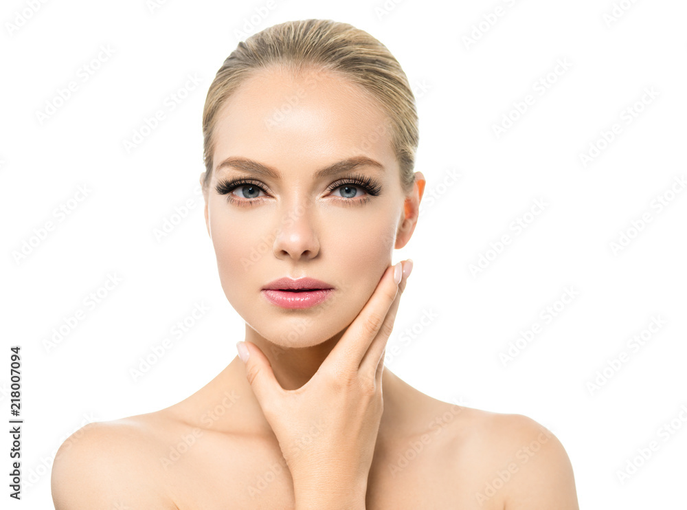 Beautiful blonde woman with healthy skin and fresh natural makeup isolated on white Beautiful blonde woman with healthy skin and fresh natural makeup isolated on white