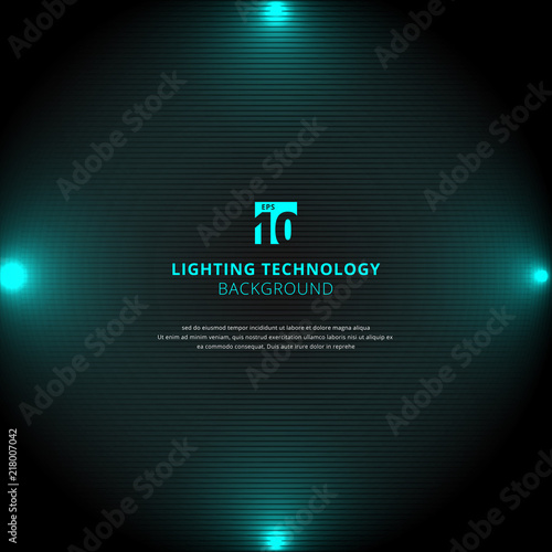 Technology blue lighting glow effect with spotlight on black horizontal lines background and texture.