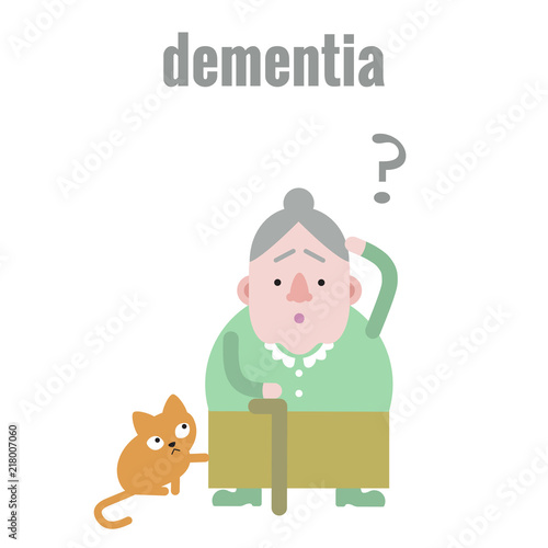 Elderly woman with dementia in confused state of mind, her domestic cat is upset too