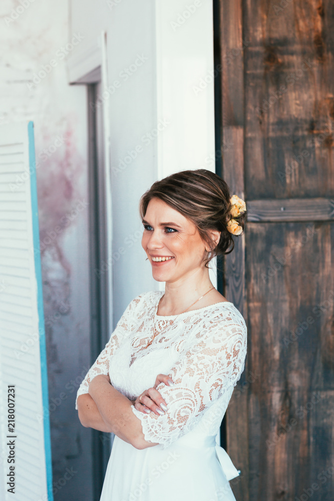 portrait of a bride in white studio