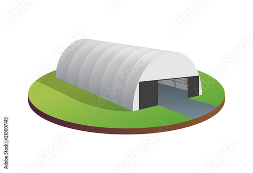 Awning tarpaulin tent temporary warehouse exhibition tunnel hall aircraft hangar. Barn construction building wireframe. Clear cut frame. Vector isometric illustration