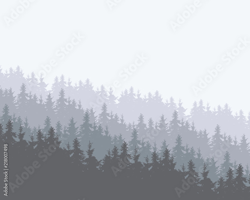 Snowy coniferous forest on a hill with several layers, winter cold colors with space for your text