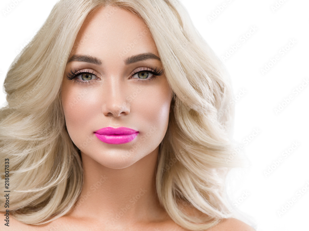 Beautiful woman with long blonde hair and red lips, colorful emotional female portrait with beauty makeup and healthy hair Beautiful woman with long blonde hair and red lips, colorful emotional female portrait with beauty makeup and healthy hair