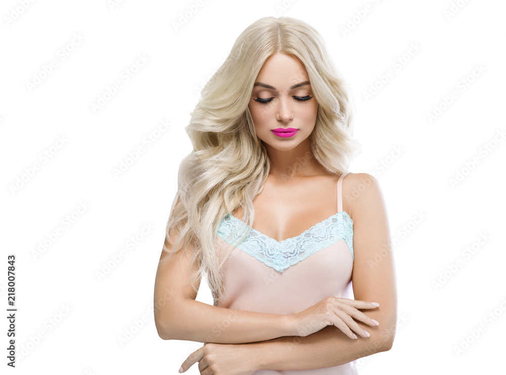 Beautiful woman with long blonde hair and red lips, colorful emotional female portrait with beauty makeup and healthy hair Beautiful woman with long blonde hair and red lips, colorful emotional female portrait with beauty makeup and healthy hair