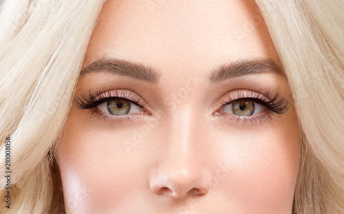 Fotografia, Obraz Blonde hair beautiful eyes lashes woman with pink lipstick