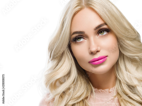 Blonde hair beautiful eyes lashes woman with pink lipstick