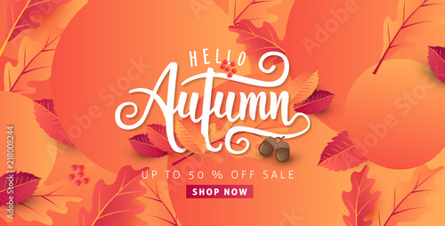 Autumn calligraphy background layout decorate with leaves for shopping or promo poster and frame leaflet or web banner.Vector illustration template.