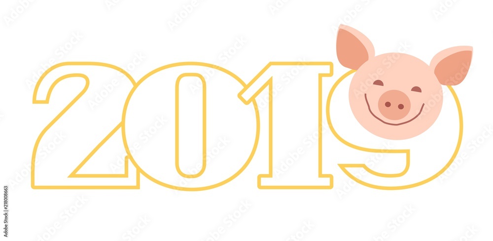 Postcard 2019, pig, white, contour, vector. Congratulations on the coming New year. Year of pig. Color flat card. Outline figures 2019. The pig is smiling. Postcard 2019, pig, white, contour, vector. Congratulations on the coming New year. Year of pig. Color flat card. Outline figures 2019. The pig is smiling.