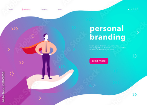 Vector web page template for personal branding, business communication, consulting, planning. Landing page design. Businessman standing as super hero on human hand. Web banner, mobile app illustration