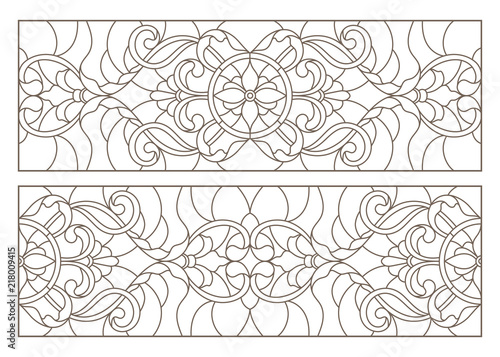 Set contour illustrations of stained glass with abstract swirls and flowers , horizontal orientation