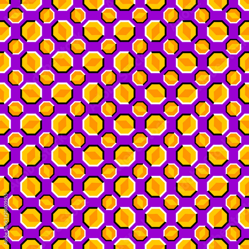 Purple background with yellow octagons. Optical illusion of movement. Seamless pattern.