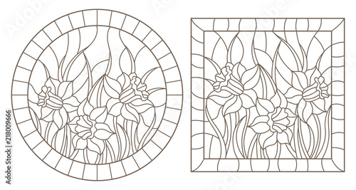 Fototapeta Naklejka Na Ścianę i Meble -  A set of contour illustrations of stained glass Windows with daffodils in frames, dark contours on a white background, round and rectangular image