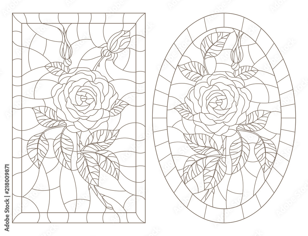 A set of contour illustrations of stained glass Windows with rosees in frames, dark contours on a white background, oval and rectangular image A set of contour illustrations of stained glass Windows with rosees in frames, dark contours on a white background, oval and rectangular image
