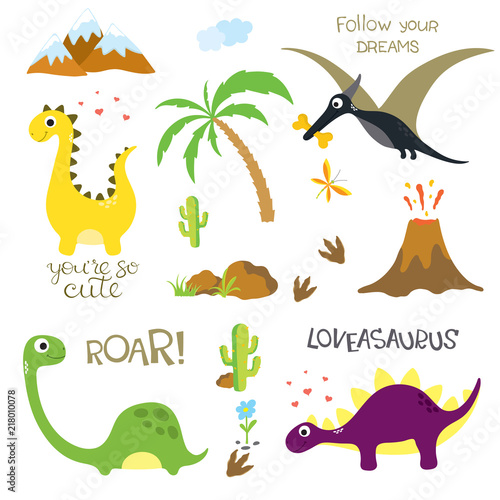 Dinosaur footprint, Volcano, Palm tree, Stones, Bone and Cactus