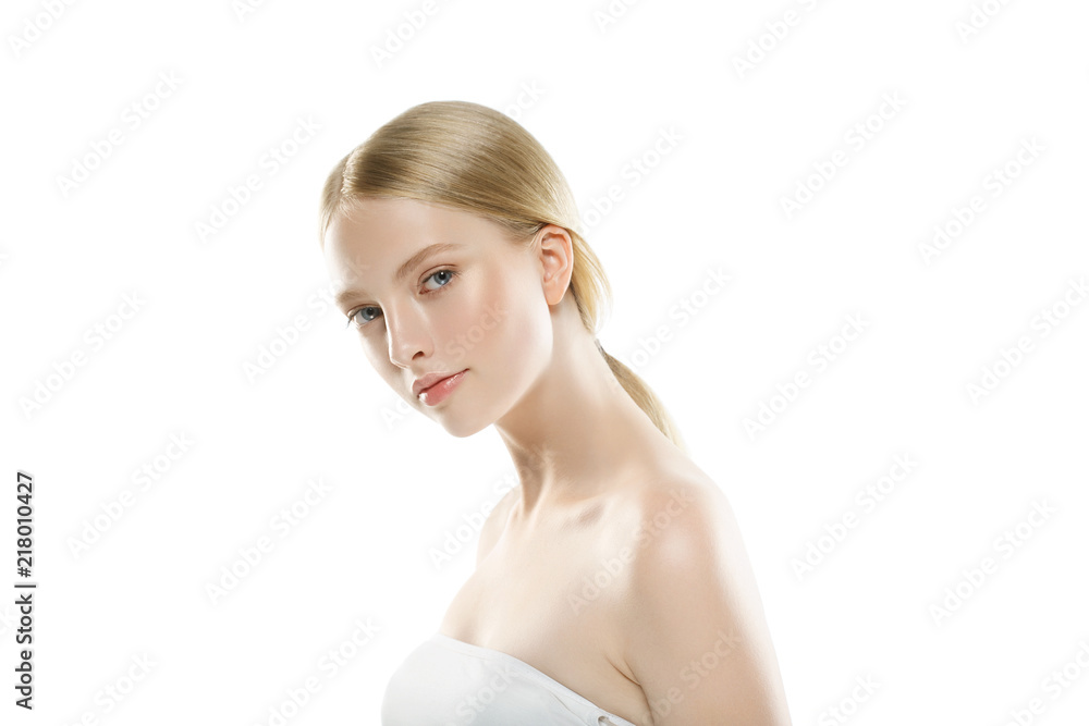 Pure healthy skin woman face close up isolated on white blonde hair Pure healthy skin woman face close up isolated on white blonde hair