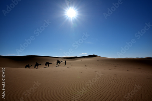 Eine Karawane zieht durch eine Dünenlandschaft in der Wüste photo