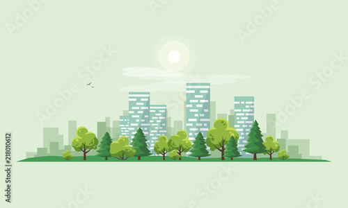 Flat vector illustration of urban road landscape street with city office house buildings and green trees on skyline background in cartoon style.